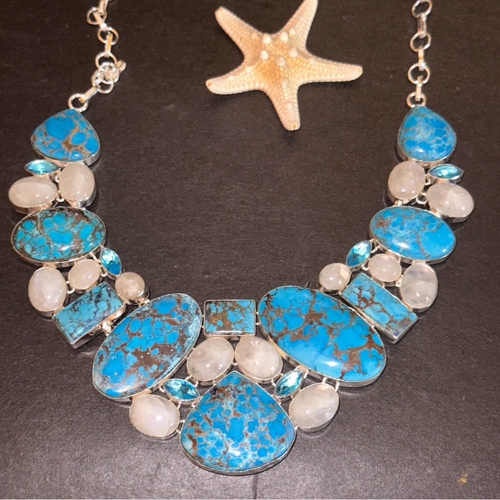 Exotic Kingman Turquoise + Moonstone + Blue statement cluster necklace